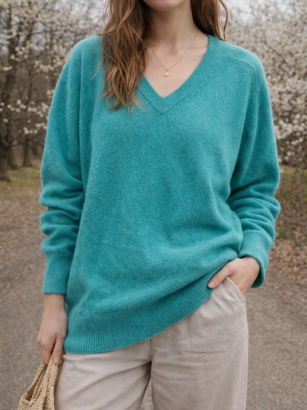 Vintage Nordstrom Cashmere Sweater XL Teal V-Neck Made in Scotland Oversized